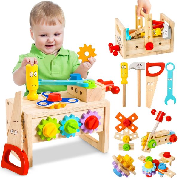 Wooden Kids Tool Set Toy for 2 3 4 5 Years Old Boy Girl, 36 Pcs Stem Montessori Toy for Kid 1-3, 2-4, Pretend Play Toddler Toys Inc Box, Learning Educational Construction Toy, Birthday Gift for Kids