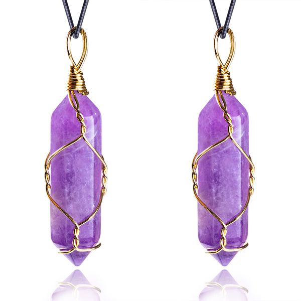 2pcs Natural Healing Crystal Necklace - Real Amethyst Crystals Necklaces Gold Wire Wrapped Hexagonal Double Pointed Crystal Pendant Necklace for Women