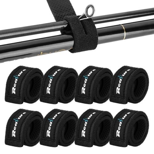 Realure Pack of 8 Black Fishing Rod Velcro Straps Adjustable Neoprene Ties Straps Elastic Fishing Rod Belt Ties for Fixed Fishing Rods Gear Strap Spinning Rod Sea Rod Feeder Rod