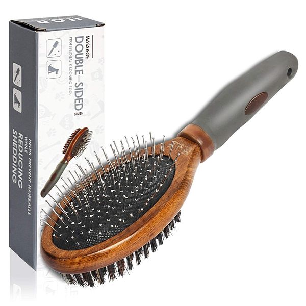 Pet Brush, Dog Brush, Pet Care Brush, Double-Sided, Premium Pig Hair Brush, Hair Removal, Suitable for Dogs, Cats, Long Hair, Short Hair, etc. (Brown)