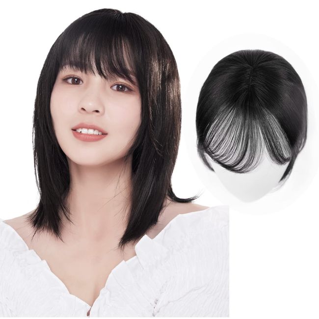 LUCY LEE Bangs Part Wig, 100% Human Hair, Point Wig, Top of Head, Artificial Skin, Parted, Natural, Breathable, Heat Resistant, Small Face, One-Touch, Easy to Use (Natural Black)