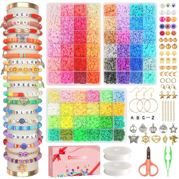 Dazhqp 15000 Pcs Clay Beads Bracelet Making Kit, 72 Colors Flat Polymer Friendship Spacer Heishi Beads for Jewelry Making with Letter Beads and Elastic Strings, Crafts Gift for Teen Girls