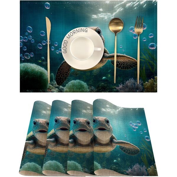 Sea Turtle Placemats Set of 4, Waterproof Place Mats Non-Slip Washable Table Mats Set for Kitchen Dining Holiday Party Wedding Decor 12x18 Inch
