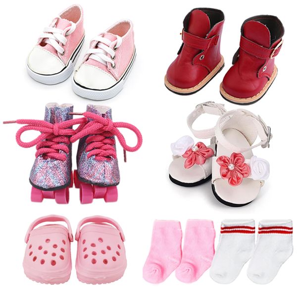 18” Doll Shoes Set, 5 Pairs of Doll Shoes+2 Pairs of Socks 18 Inch Doll Doll Accessories Includes Sneakers/Boots/Roller Skates/Sandals/Clogs/Pink and White Socks for 18 in Boy or Girl Dolls