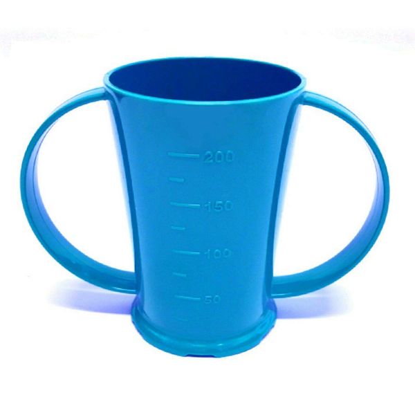 Two Handled Graduated Beaker Without Lid - 200ml Adult Feeder Cup - Adult Drinking Aid (Colour Blue, Pack of 2 Cups)