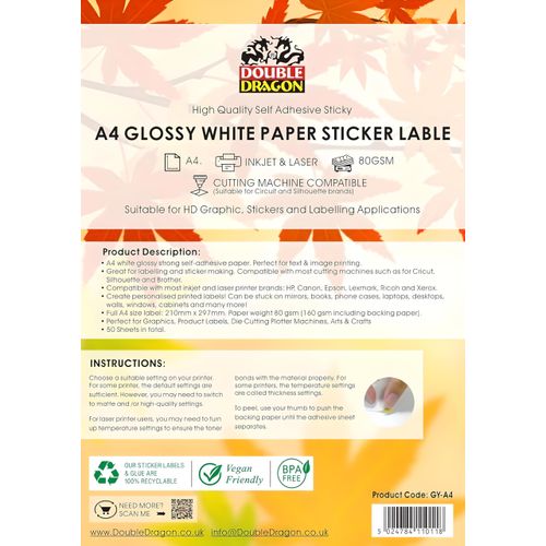 Double Dragon, 50 Sheets, A4 Glossy White Printable Sticker Paper Label, Laser Printer Printing, A4 Label 1 Per Sheet, Self Adhesive Sticky Back Labels, Address Labels, Shipping Labels, Multi-Purpose