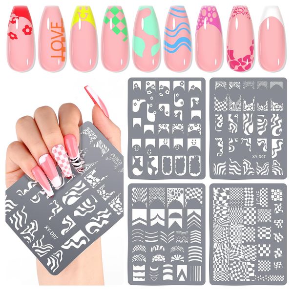 Saviland Nail Art Stamper Plates: 4PCS French Nail Stamping Plates French Line Nail Stamp Templates Plaid Wave Stripes Patterns Nail Stencils Plate Reusable Stainless Steel Nail Tools