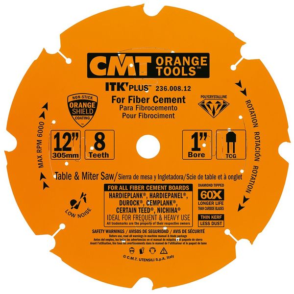 CMT 236.008.12 ITK PLUS Diamond Saw Blade for Fiber Cement Products, 12-Inch x 8 Trapezoidal Teeth with 1-Inch Bore, PTFE Coating