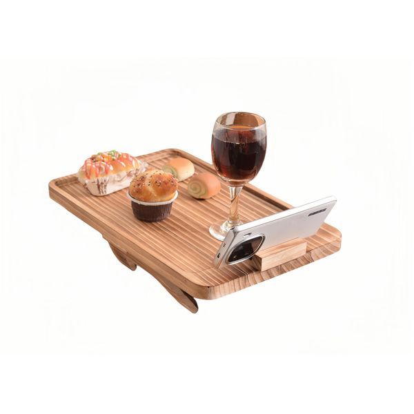 Uwenkjie Pine Wood Rotating Armrest Tray - Foldable Rectangular Sofa Armrest Table, Clamped On, Burnt Color