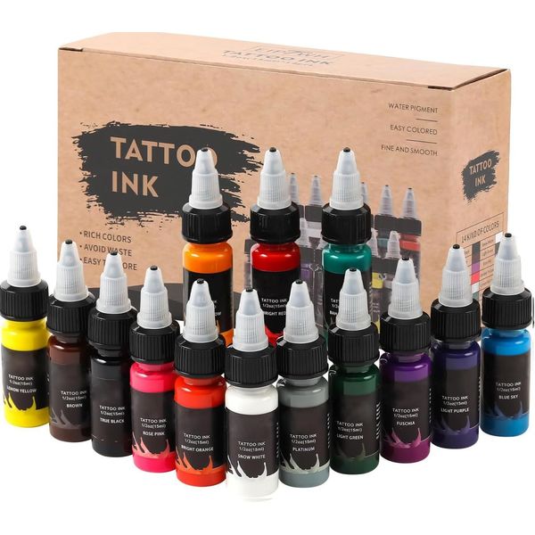 FONPOO Set di Inchiostri per Tatuaggi da 14 Pezzi, 15 ml (0,5 oz) Inchiostro Tattoo, Inchiostri per Liner & Shader, Trucco Permanente, Body Art Inks