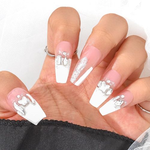 Sethexy French Long Coffin Pink False Nails Handmade Rhinestone Glitter Fake Nails 3D Crystal Glossy Press On Nails Hand-painted Acrylic Sparkle Stick On Nails Removable for Women and Girls (S)