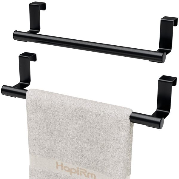 HapiRm Over the Door Towel Rail, Black Kitchen Towel Holder with Protective Pads, Stainless Steel Kitchen Towel Rail No Drilling, Rustproof Tea Towel Rail for Cabinet Door, 2 Pack, 23.5cm