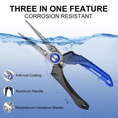 Truscend Fishing Pliers Saltwater with Mo-V Blade Cutter, Corrosion Resistant Teflon Coated Muti-Function Fishing Gear as Split Ring Plier Line Cutter Hook Remover, Fishing Gifts for Men