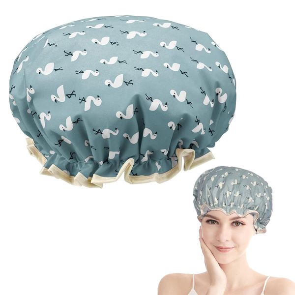 Double Layer Shower Cap for Women, Elastic Band Reusable Shower Cap for Hair, Waterproof Plastic Shower Cap with Ruffles Covering Ears, Suitable for Long, Short and Curly Hair (Blue Bird)