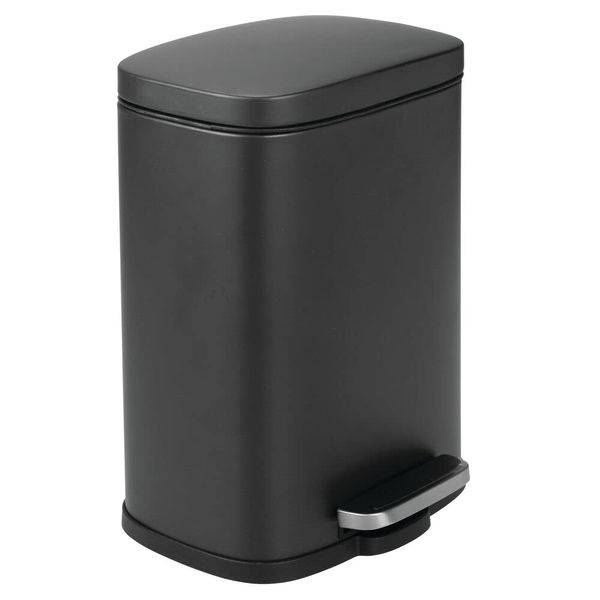 mDesign Stainless Steel Touchless Rectangular 1.3 Gallon/5 Liter Foot Step Trash Can with Lid - Wastebasket Container Bin for Bathroom, Bedroom, Kitchen, Office, Holds Garbage, Waste - Black