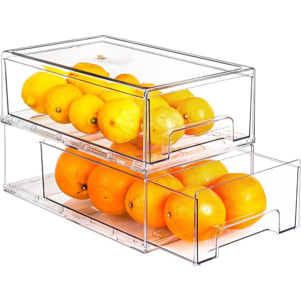 Fridge Drawers, 2 Pack Clear Stackable Pull Out Refrigerator Organizer Bins, and