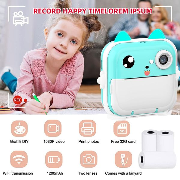 Kids Camera Instant Print, Christmas Birthday Gifts for Kids Age 3-12, Selfie Digital Camera with 1080P Videos,Toddler Portable Travel Camera Toy (Blue)