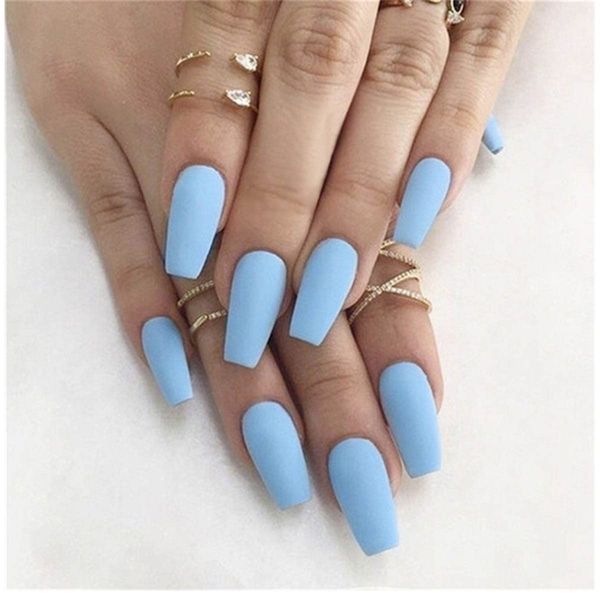 Bufenia Matte Frosted Ballerina False Nails Coffin Press on Nails Pure Color Fake Nails Medium Length Acrylic Nails for Women and Girls 24Pcs (Sky blue)