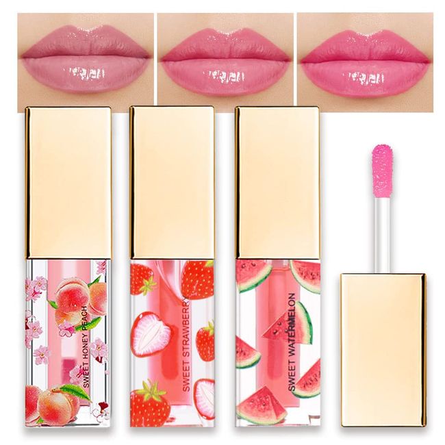 BINGBRUSH 3 Pcs Color Changing Lip Gloss Tinted, Peaches Strawberry Watermelon Magic Mood Lipstick,PH Color Change Lip Stain Lip Balm, Longlasting Lips Will Not Dry Out