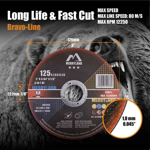Merryland Cutting Disc 125 Metal for Angle Grinder, 125 X 1.0 X 22.23 mm Cutting Wheel 25 Pieces, INOX Stainless Steel Iron Universal 5 inch Type 41, Bravo-Line B13081042