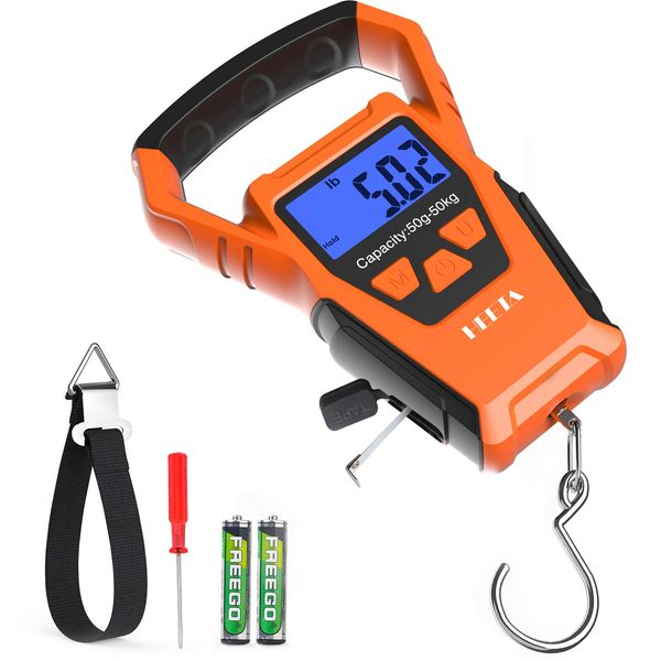 HEETA Waterproof Fish Scale Digital with Backlit LCD Display, 110lb/50kg Portable Hanging Scale Fishing Scale for Home and Outdoor, Measuring Tape and 2 AAA Batteries Included (Orange)