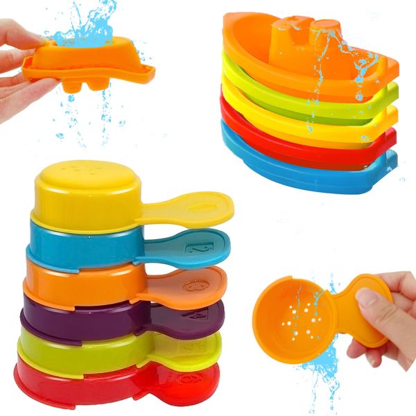 11Pcs Bath Floating Boats Bathing Spoons Toy,Stackable Bathtub Float Water Table Toys,Stacking Shower Toys for Toddlers Bath Educational Counting