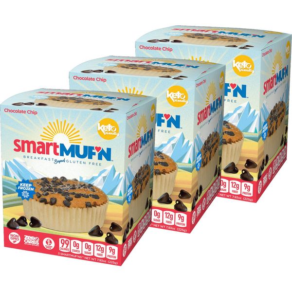 Smart Baking Company Smartmuf'n, Gluten-free, Sugar-free Keto Snack Breakfast Muffin (Chocolate Chip, 3 Boxes)