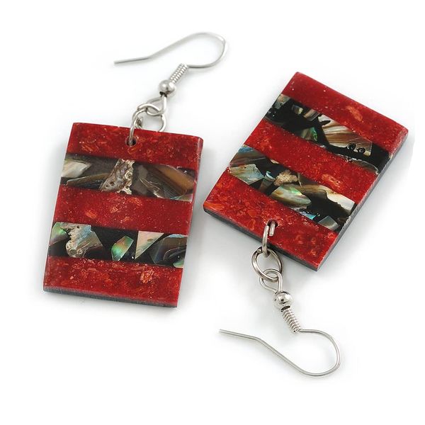 50mm L/Black/Red Rectangular Shape Sea Shell Earrings/Handmade/Slight Variation In Colour/Natural Irregularities