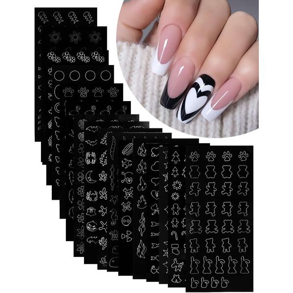 16 Sheets Airbrush Stencils Nail Stickers French Star Butterfly Stickers for Nail Art 3D Self Adhesives Heart Flower Nail Supplies Hollow Pumpkin Bat Design Nail Guide for Manicure Nail Decoration