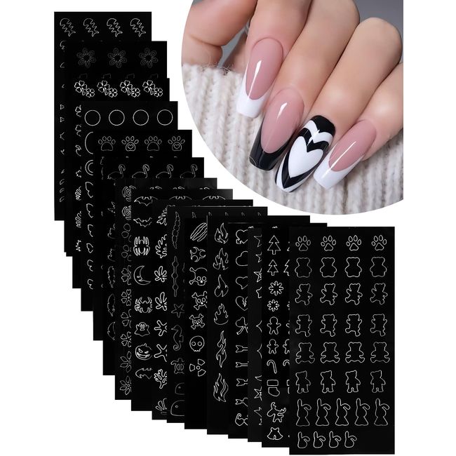 16 Sheets Airbrush Stencils Nail Stickers French Star Butterfly Stickers for Nail Art 3D Self Adhesives Heart Flower Nail Supplies Hollow Pumpkin Bat Design Nail Guide for Manicure Nail Decoration