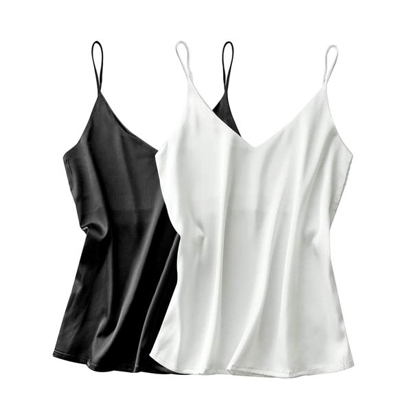 Ekouaer Women's 2 Pack Camisole Spaghetti Strap Silk Satin Tank Tops Sexy Cami Casual Beach Blouses