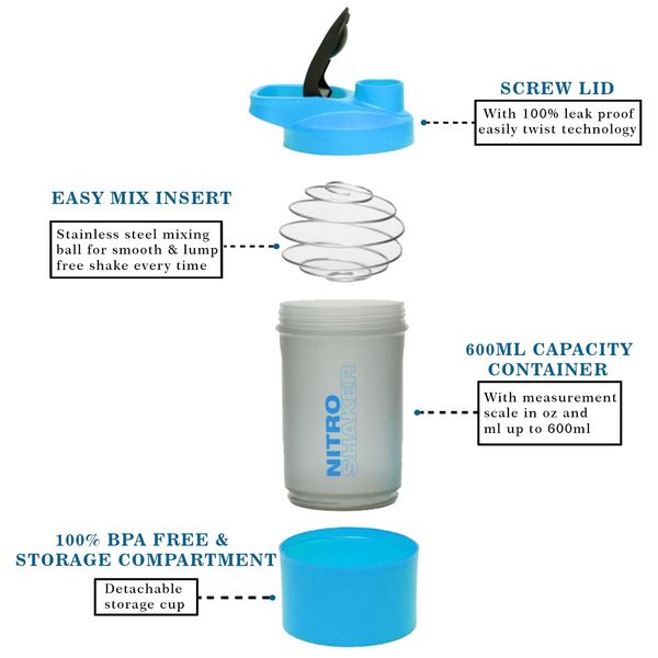 1 x 600 ML Plastic BPA Free Protien Shaker Bottle with Storage Compartment for Protein Powder Supplements Measurement Scale Steel Mixing Ball Leak Proof Flip Cap Screw Lid 100% Food Grade (blue)