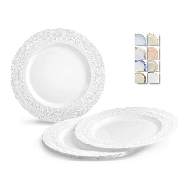 " OCCASIONS" 40 Plates Pack, Extra Heavyweight Vintage Wedding Party Disposable Plastic Plates (11'' Dinner Plate, Chateau in White)