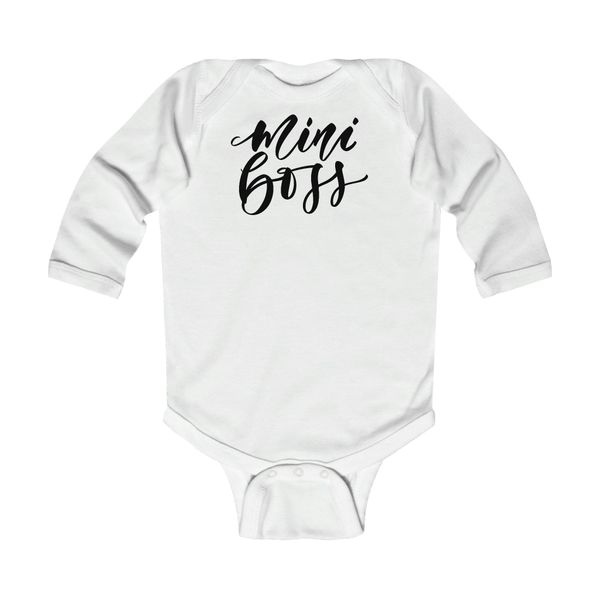 Infant Long Sleeve Bodysuit, Mini Boss Print - White / 6M