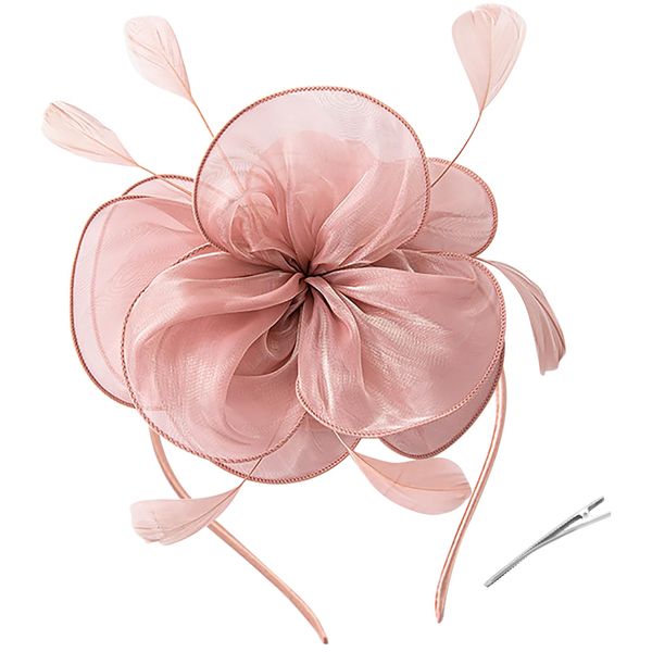 Fascinator Hat Headband,Elegant Women Fascinator Clip Flower Feather Headband Headwear Headpiece for Tea Party Church Wedding Races Ladies Derby Hat Peach Pink