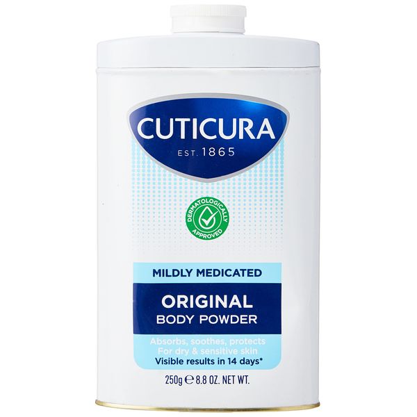 Cuticura Mildly Medicated Talcum Powder Body Powder 250g, Packaging May Vary, White, Many Uses Personal Hygiene, Prevent Smudging After Self-Tanning & Facial Makeup