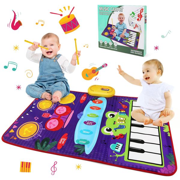 JoyPlus Kids Piano Mats, 2 in 1 Musical Toys, Toddler Piano & Drum Mat with 2 Sticks, Non-slip Piano Mat, Musical Keyboard Playmat, Multifunction Electronic Music Dance Mat, Birthday Gifts for Baby