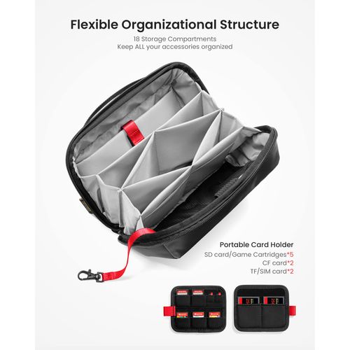 tomtoc Electronic Organizer Accessory Tech Pouch for MacBook Charger, Cables, Power Bank, Hard Drive, Cords, Water-resistant Storage Bag with Removable Card Slots for USB Adapter, Memory Card, Black