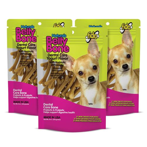 Fido Naturals Belly Bones for Dogs, Yogurt Flavored Mini Dog Dental Treats - 21 Treats Per Pack, 3 Pack - for Small Dogs, Made in USA, Plaque & Tartar Control, Fresh Breath, Digestive Health Support
