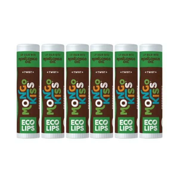 LIP BALM Mongo Kiss 6-Pack (6 tubes) by Eco Lips 100% Organic Beeswax & Cocoa Butter Lip Care with Organic Mongongo Oil - Soothe & Moisturize Dry & Cracked Lips - Made in USA. (Peppermint)