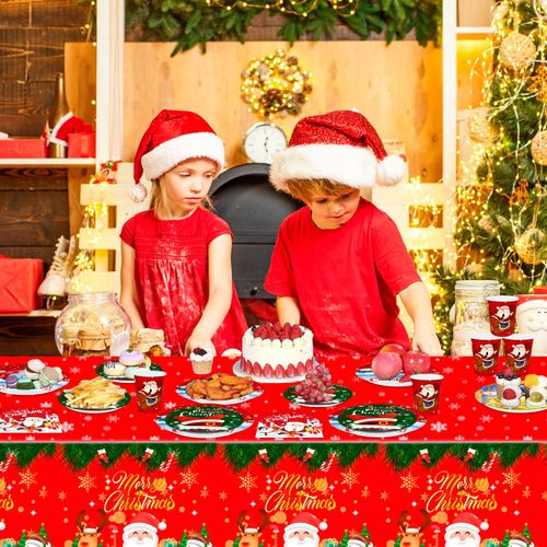 Christmas Tableware,113pcs Christmas Party Tableware Set Including Christmas Paper Plates and Napkins Cups& Christmas Tablecloth etc Xmas Party Tableware for Boys/Girls Christmas Party Supplies