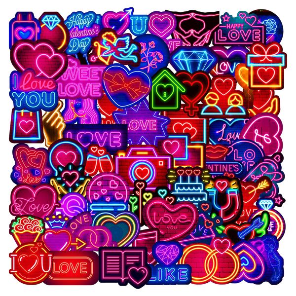 AOZUO 64 Stück Neon Sticker,Aufkleber,Sticker Set Fahrrad Sticker Liebesaufkleber Graffiti Aufkleber Decals Wasserfeste Vinyl Scrapbook Ästhetische Süße Laptop für Computer Gepäck Gitarre Skateboard