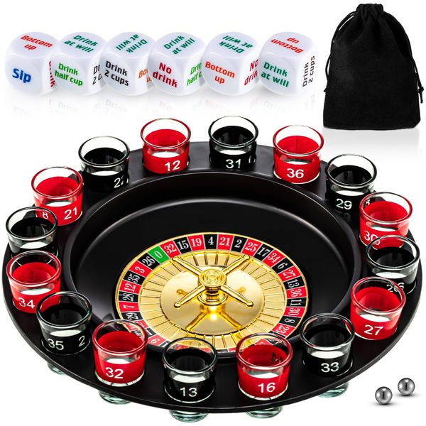 Hiboom Shot Glass Roulette Game and Drinking Dice Set Shot Roulette Drinking Game 16pcs Shot Glasses and 2 Balls for Adults Family Gathering, Bar, Party Supplies