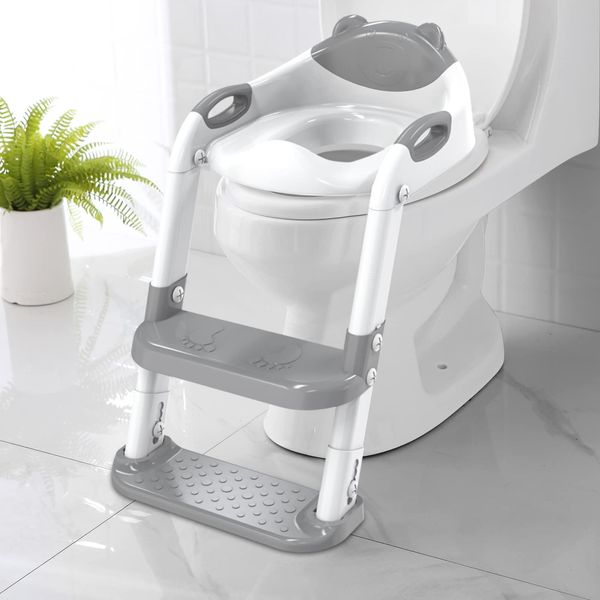 SKYROKU Toilet Potty Training Seat with Step Stool Ladder, Toddler Potty Seat for Kids and Toddler Boys Girls, Splash Guard and Safety Handles (Grey)