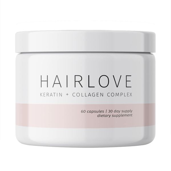 HAIRLOVE Keratin + Collagen Complex - Hair Growth Vitamins with Collagen Peptides - Helps Strengthen and Regrow Hair - Keratin and Collagen Supplements for Longer, Shinier Hair - 60 Capsules