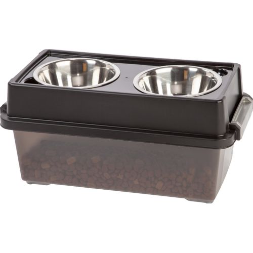 IRIS USA, Inc. 13 Lb / 12 Qt Medium Elevated Feeder with Airtight Pet Food Storage Container, Dry Food Bin with Removable Bowls At Home Camping Roadtrip Pet Food Container, Smoke/Black