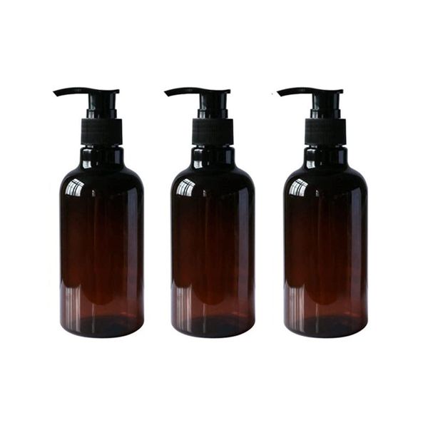 3 PCS 250ml/8oz Brown Amber PET Plastic Refillable Bottles with Black Pump Empty Cosmetic Toiletries Containers for Shampoo Hair Conditioner Shower Gel Hand Wash Lotions Dispensers