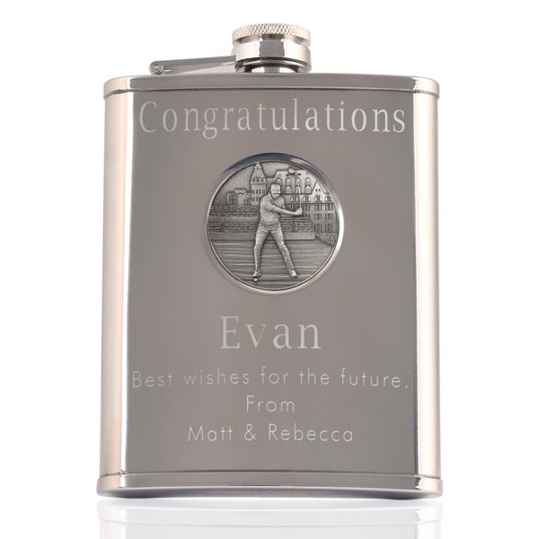 Graduation Personalised Engraved 6oz Stainless Steel Hip Flask with Solid Pewter Golfer Feature