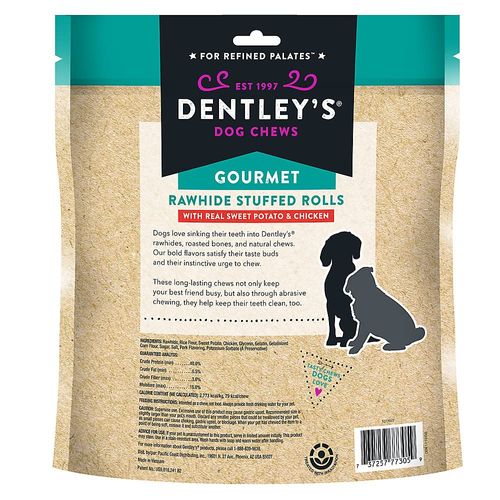 Dentley's Gourmet Rawhide Stuffed Rolls Dog Treats - Sweet Potato & Chicken 25 Rolls Per Pack