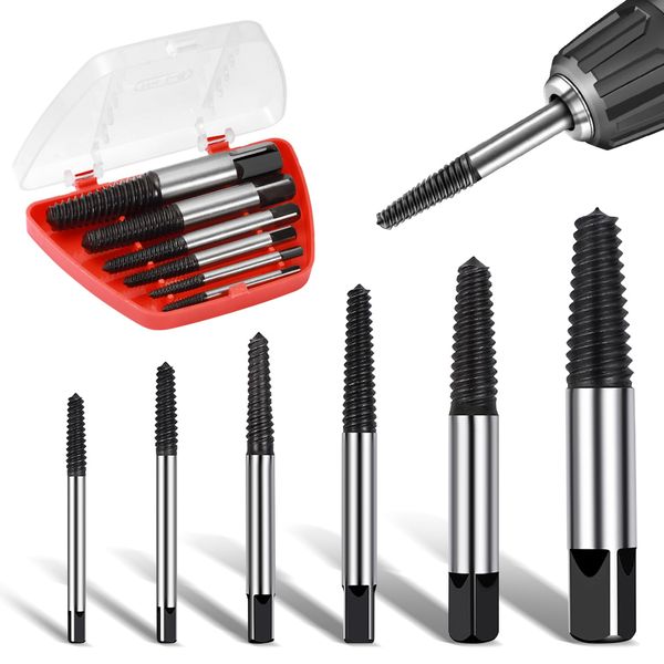 6Pcs Stud Extractor Drill Bit Set, Broken Screw Remover, Stripped Screw Extractor, Damaged Bolt Extractor, Fastener Removal Bit with Storage Box, Screw Extraction Tool for Thread Broken Stud